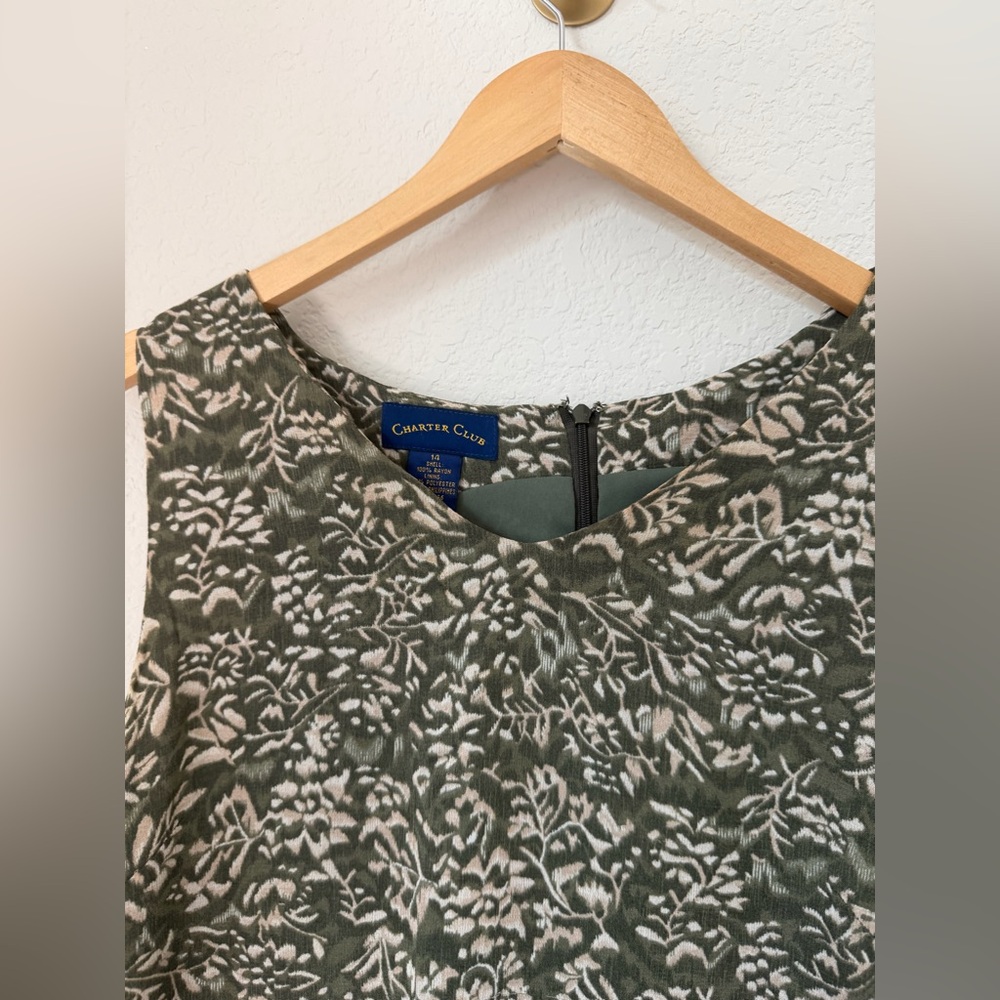 Charter Club Olive Green Floral Sleeveless Dress Size 14 Lightweight Lined - Picture 4 of 10